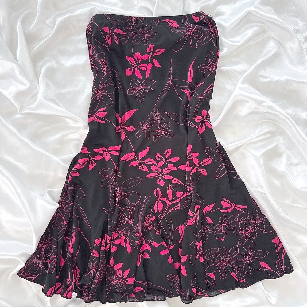 Suzie in the City Pink Floral Black Flared Midi Skirt Medium Made in USA Y2K